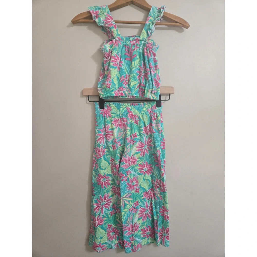 Tommy Bahama Girls 2-Piece Tropical Floral Set Smocked Top Wide Leg Pants S 5/6